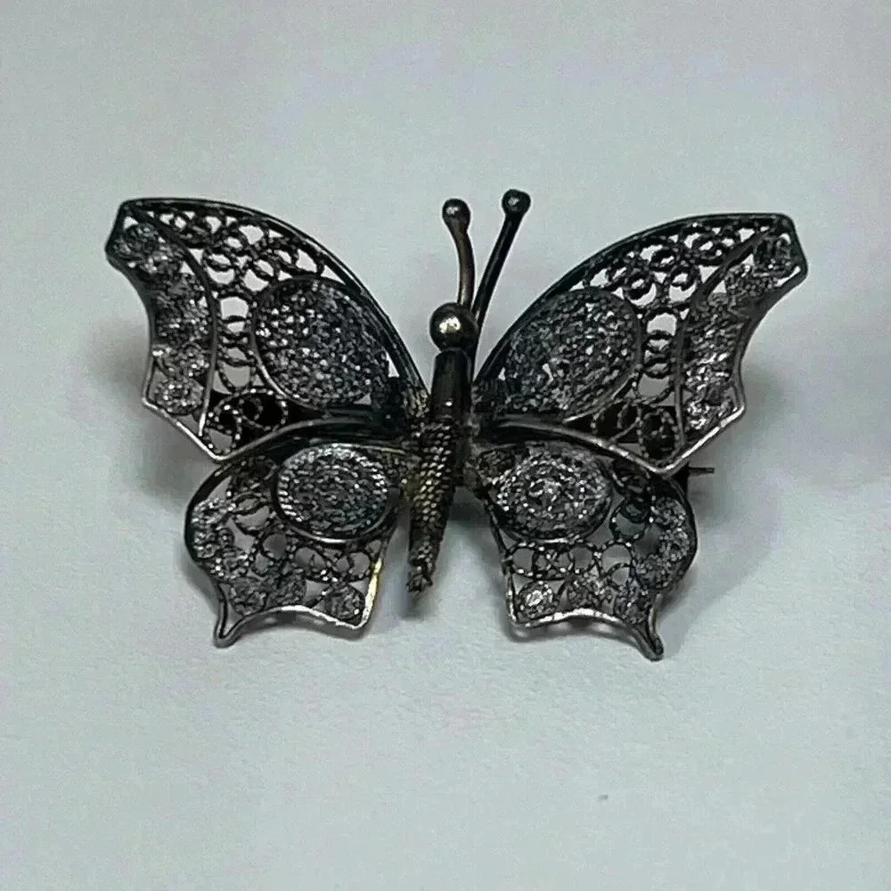 Vintage Small‎ 800 Silver Gilt Filigree Plique A Jour Butterfly Brooch Dainty